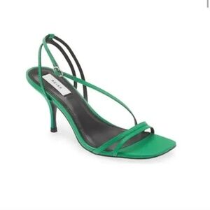 Reiss Bali Satin Strappy Square Toe Heels In Emerald Green - EU 38
